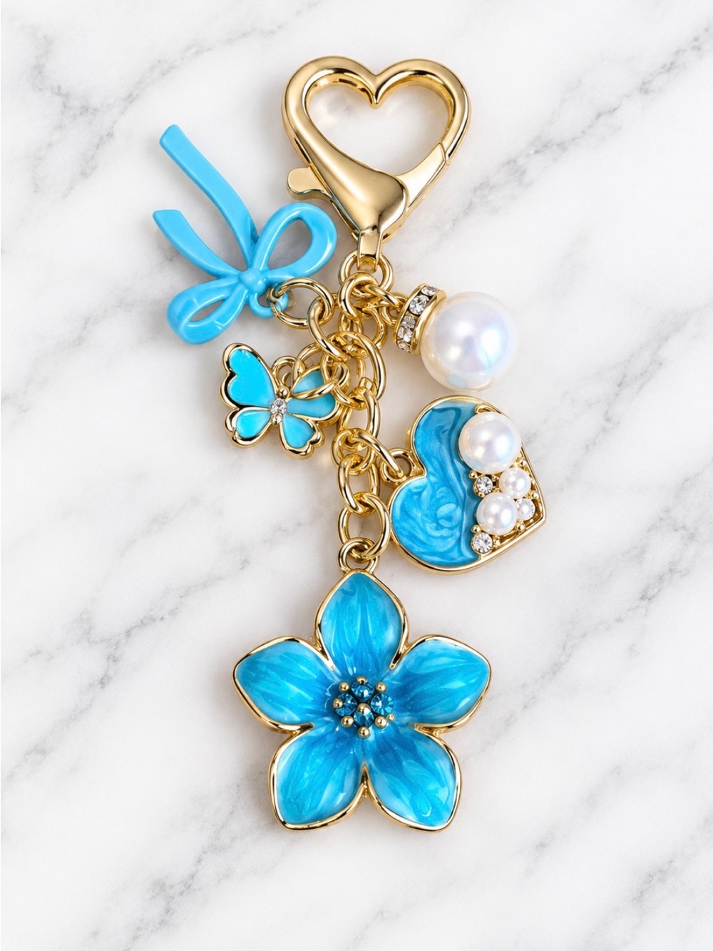 Bag Charm/Keyring-Blue Enamel Floral Charm With Heart & Bow Charms-Gold Hardware